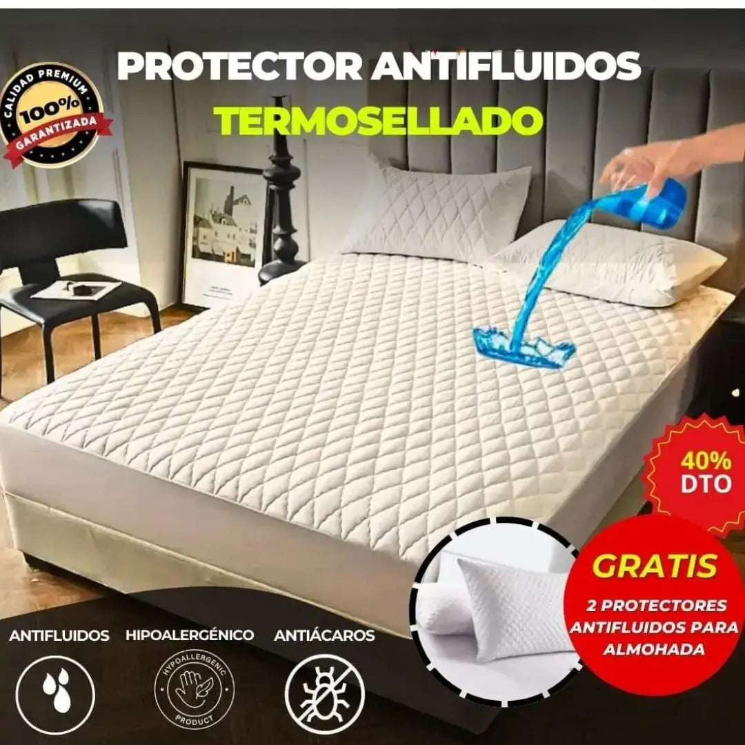 PROTECTOR DE COLCHÓN ANTIFLUIDOS PREMIUM + 2 FUNDAS DE ALMOHADAS