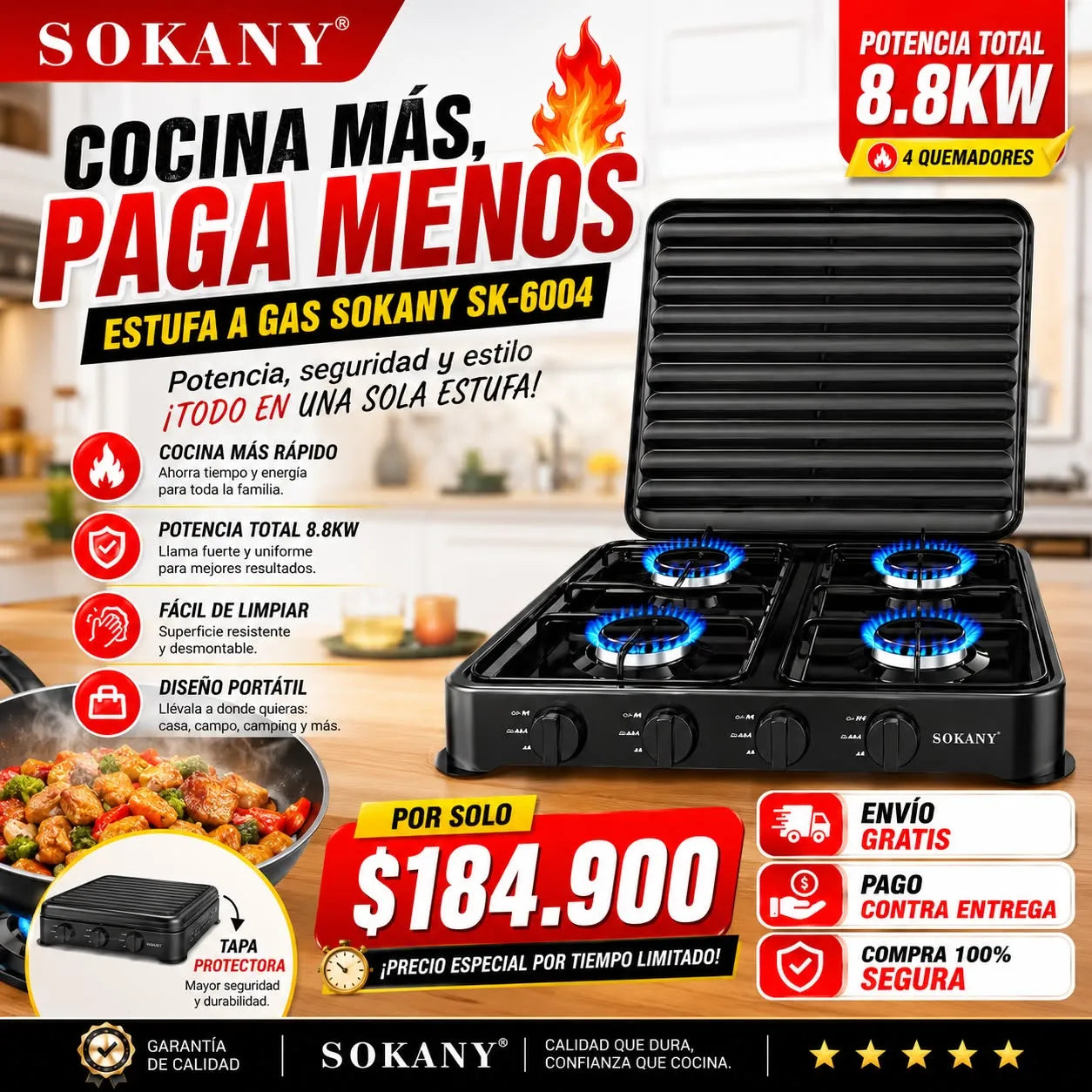 🔥 Estufa de Gas Portátil Universal Sokany: Potencia, Seguridad y Comodidad en la Cocina